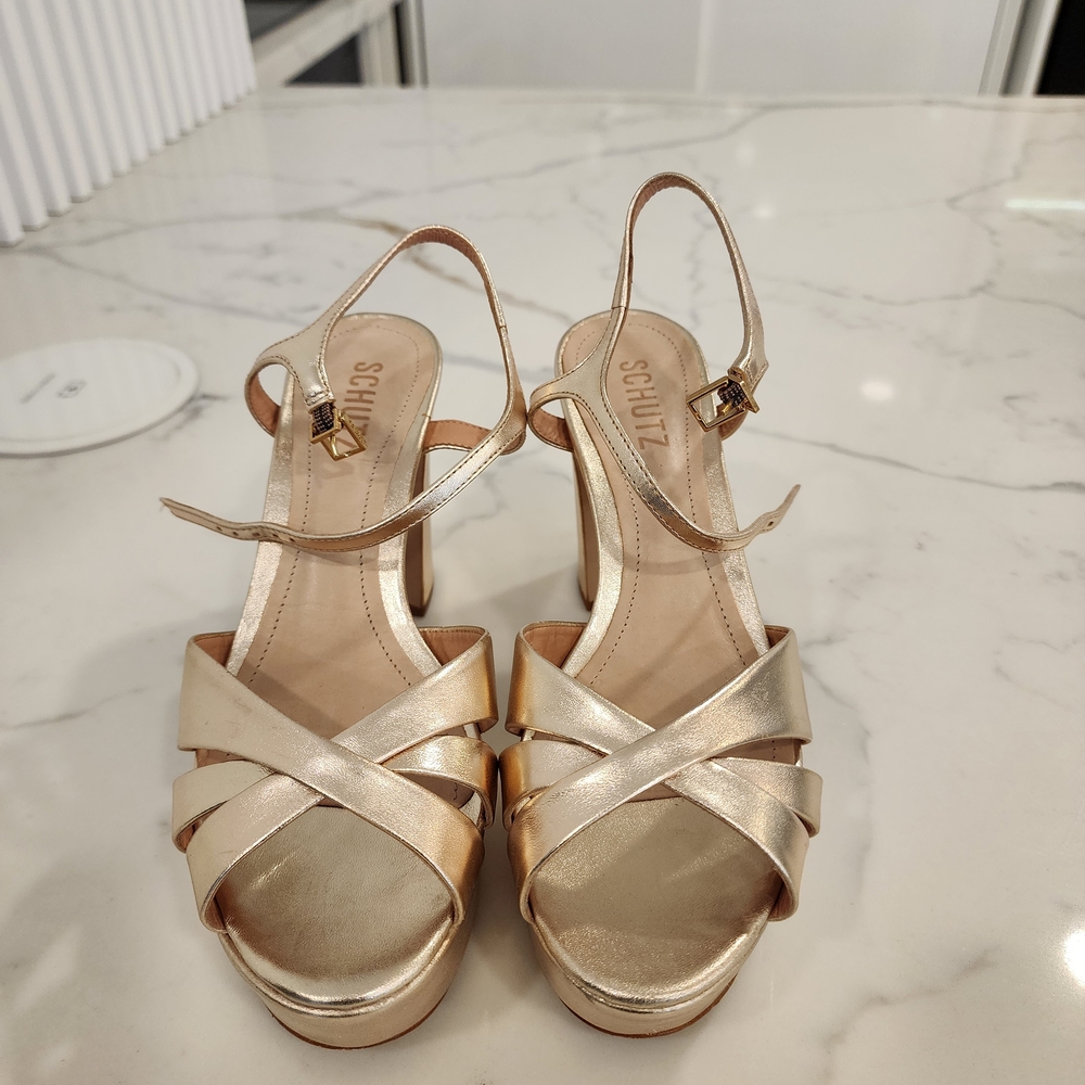 SCHUTZ Metallic Gold Strappy Heels